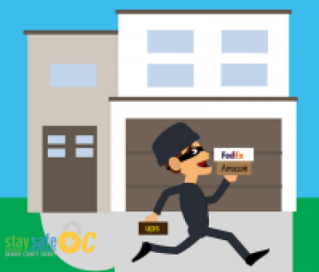 Cartoon of thief in mask running with FedEx, UPS, and Amazon packages